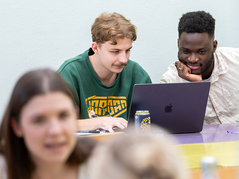 Zwei Studenten arbeiten am Laptop